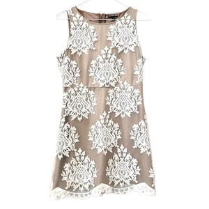 Gianni Bini Embroidered Damask Overlay Sleeveless A-line Mini Dress Tan Small